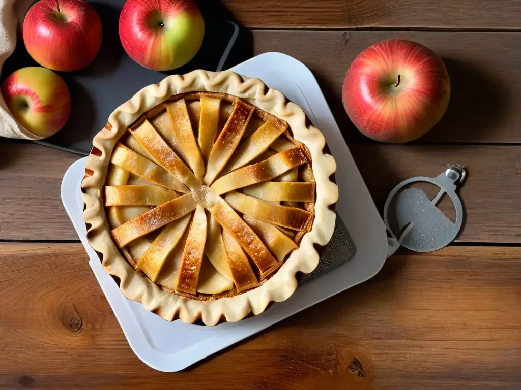 Receta de tarta de manzana baja calorías con manzanas enteras y cortador de pastel vintage en mesa rústica