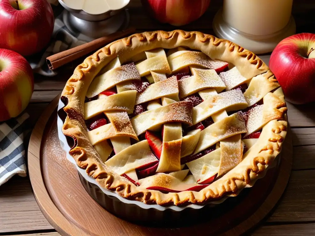 Receta de tarta de manzana baja calorías: Detalle de una tarta recién horneada con una costra trenzada y canela espolvoreada