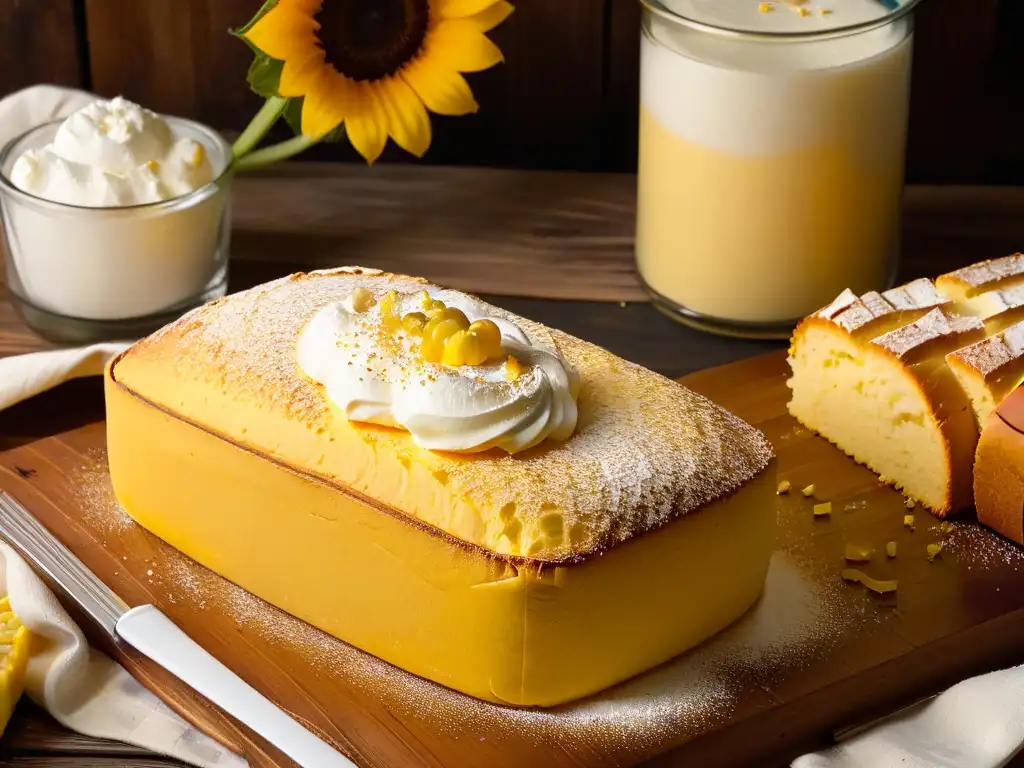 Receta tradicional de pan de elote: una imagen de un pan de elote recién horneado, con crema batida y maíz fresco, en una mesa rústica con luz cálida