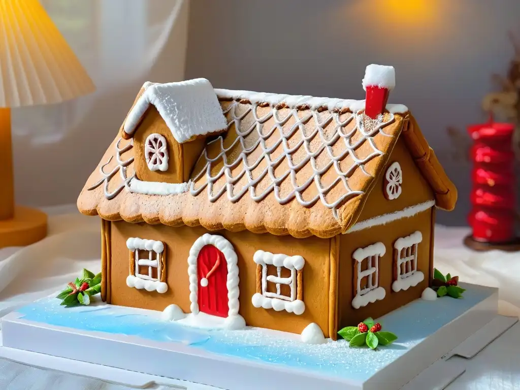 Receta tradicional repostería navideña: una casa de jengibre dorada con decoraciones invernales mágicas