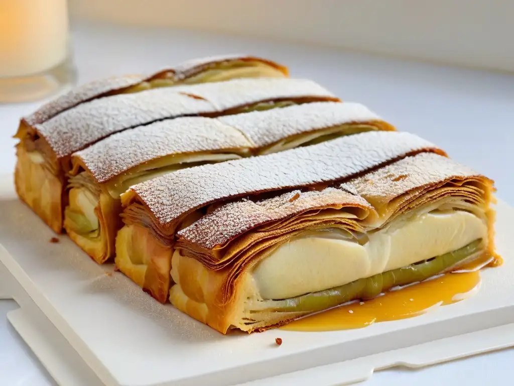 Receta tradicional strudel manzana: Delicioso strudel de manzana recién horneado, con capas crujientes y relleno de canela