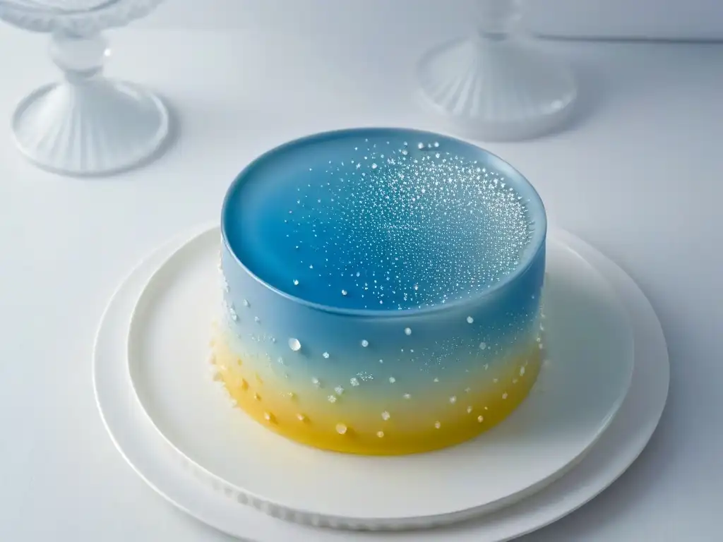 Recetas cristales azúcar postres: Deslumbrante cristal de azúcar en plato blanco, reflejando colores del arcoíris