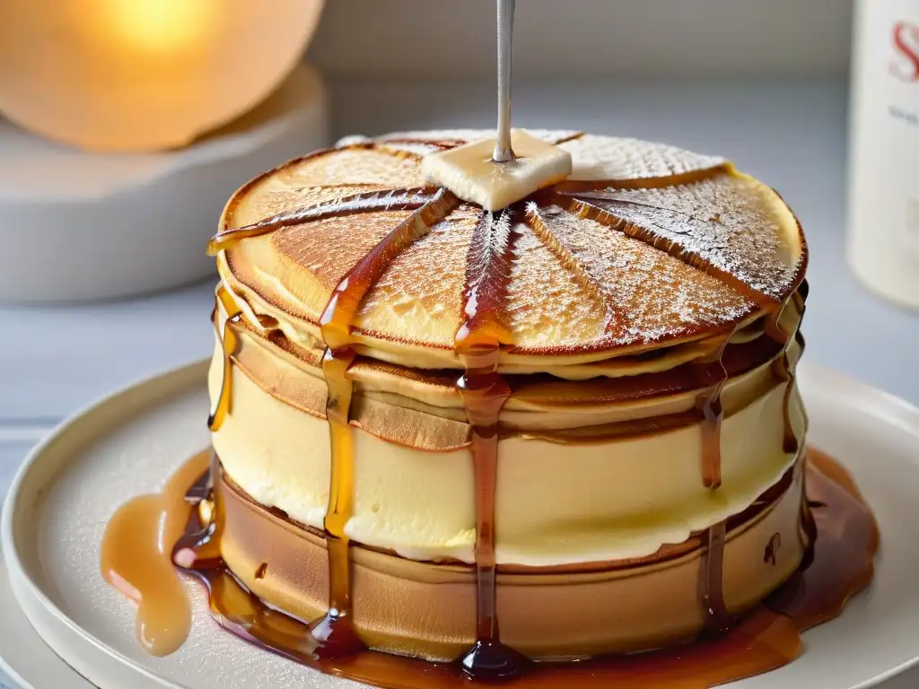 Delicioso jarabe de arce bañando esponjosos pancakes Recetas dulces con jarabe de arce: Detalle de sirope dorado deslizándose sobre pancakes esponjosos