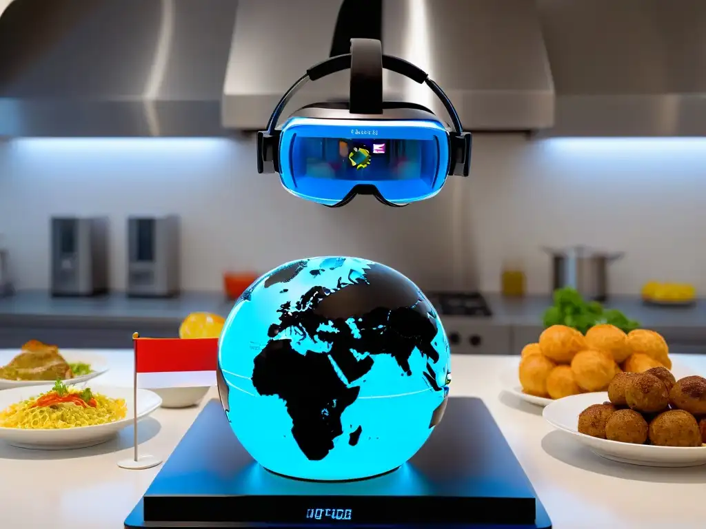 Descubre recetas internacionales con Realidad Aumentada: un auricular futurista con un globo virtual de banderas culinarias, en una cocina difuminada