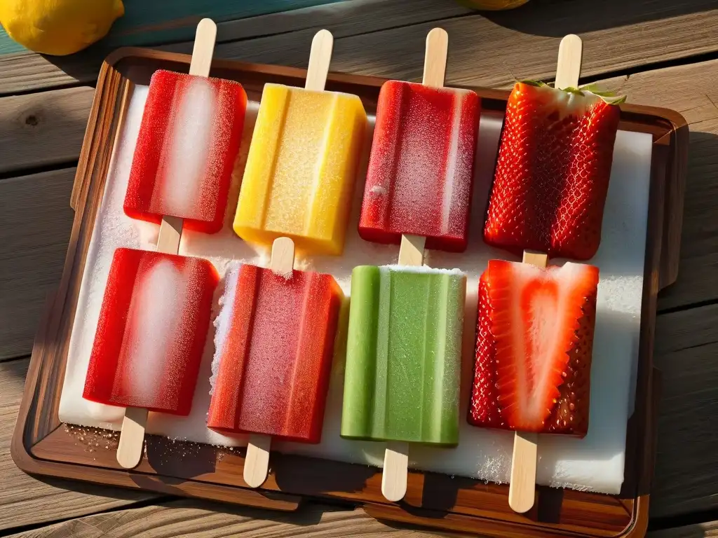 Recetas paletas agua caseras: Variedad de paletas de frutas caseras sobre bandeja de madera, refrescantes y coloridas