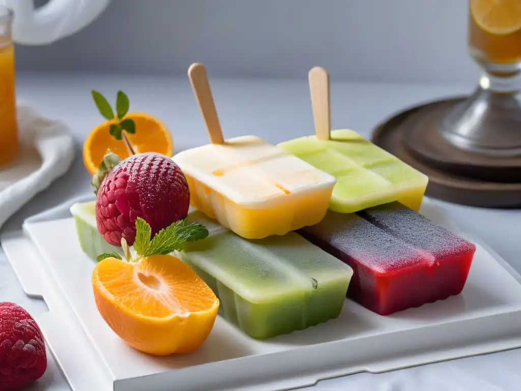 Recetas paletas agua caseras: Paletas de agua caseras con sabores vibrantes y colores naturales, dispuestas elegantemente en un plato blanco