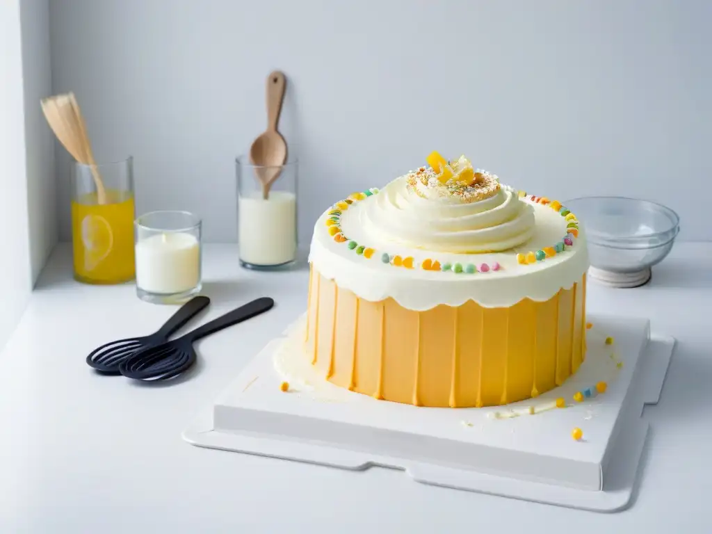 Preparando recetas pastel cumpleaños sin horno: utensilios modernos en encimera detallada