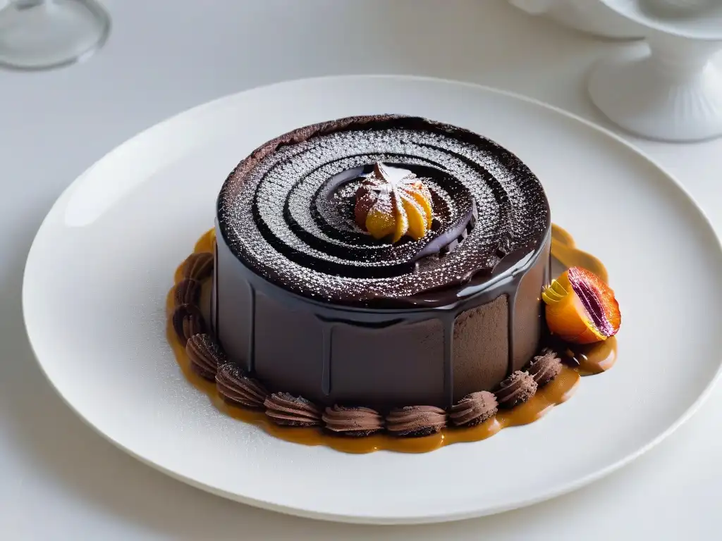 Recetas postres vinagre balsámico: Detalle de un glaseado de vinagre balsámico sobre un exquisito pastel de lava de chocolate