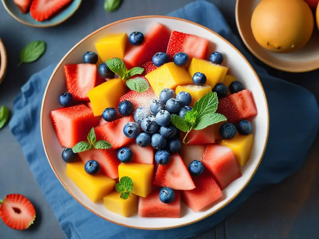 Recetas postres verano australiano: una ensalada de frutas vibrante y refrescante en un bol moderno