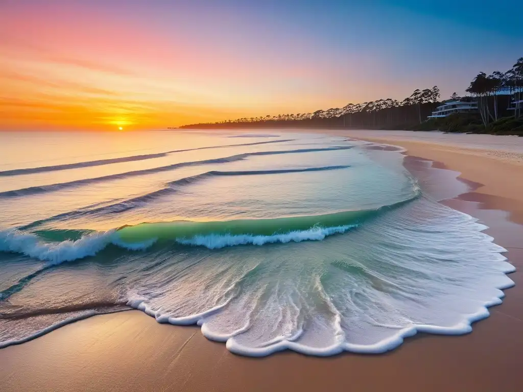 Recetas postres verano australiano: Atardecer vibrante en playa australiana, colores pastel en cielo y mar, palmeras en silueta