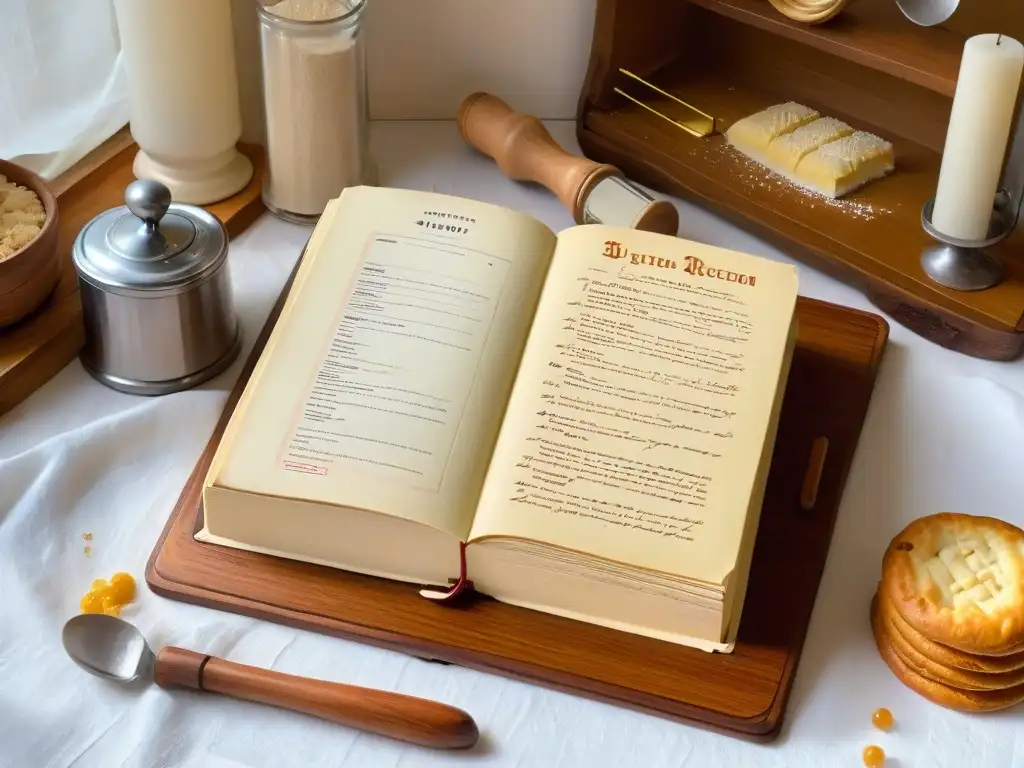 Preservando recetas de repostería tradicionales en un libro vintage decorado en una cocina acogedora