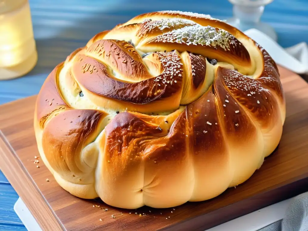 Challah recién horneado para Rosh Hashaná, con corteza dorada y semillas de amapola, sobre tabla de madera en cocina cálida