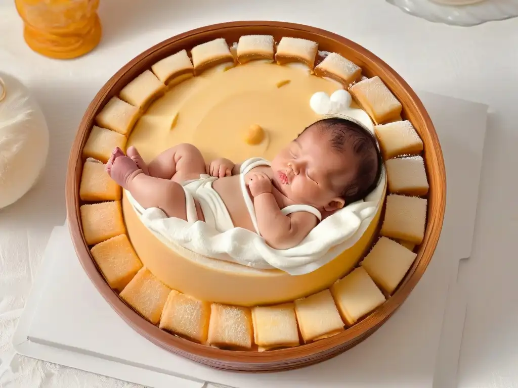 Un recién nacido durmiendo en una cuna rodeado de postres tradicionales para nacimientos en tonos pastel