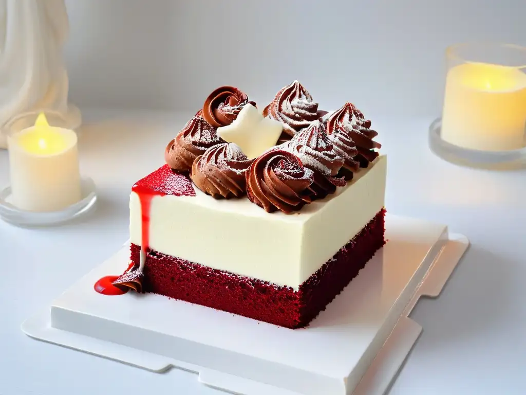 Red Velvet Cake exquisito con crema en plato blanco