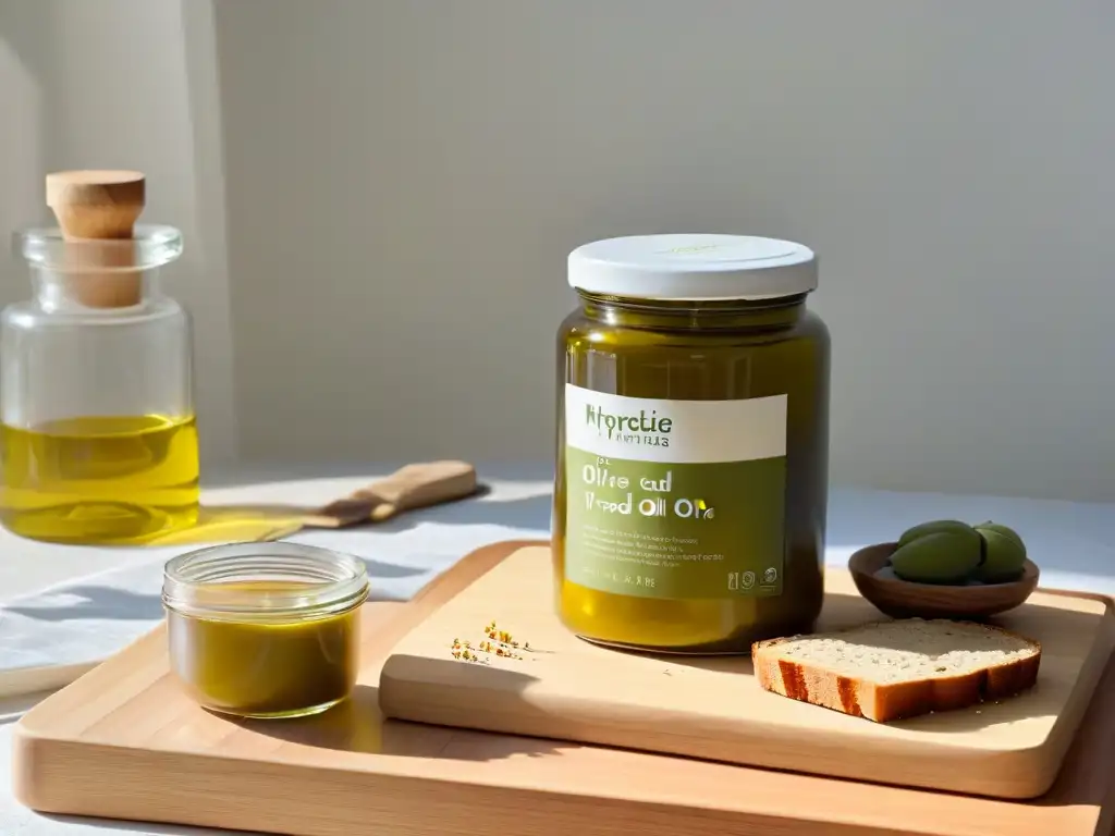 Un reflejo cálido de ética y pureza: tarro de aceite de oliva dorado en una cocina blanca