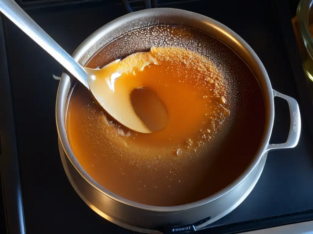 Textura cristalina: Caramelo en formación Reflejo dorado de un cristal de azúcar en caramelo caliente