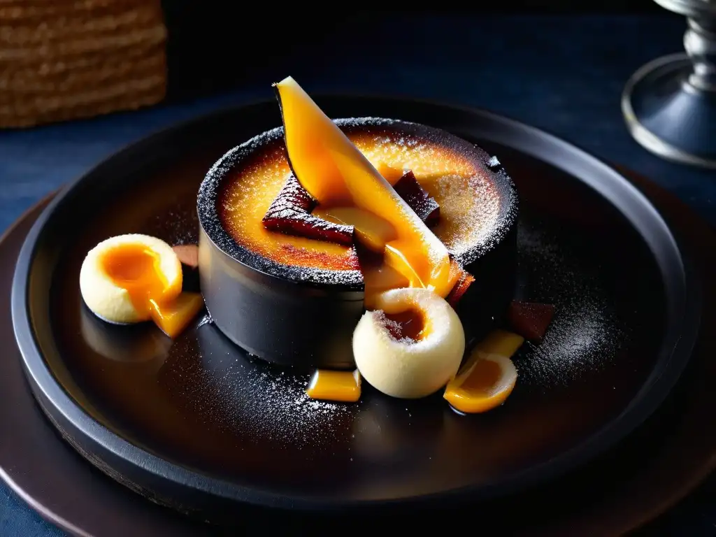 Una reinterpretación moderna de la crème brûlée, con texturas contrastantes y un toque minimalista en un elegante plato negro