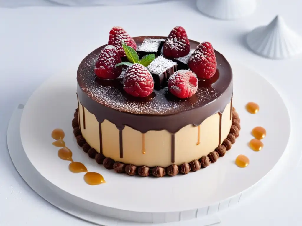 Una reinvención gourmet de postre clásico: esponjoso bizcocho, ganache de chocolate y caramelo, decorado con frambuesa y hoja de menta