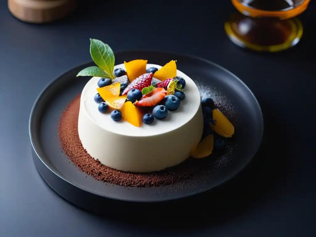 Una reinvención de postres clásicos en una era moderna: un postre artísticamente adornado en un plato blanco minimalista sobre fondo negro