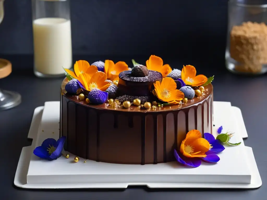 Delicioso pastel de espejo con flores comestibles y hojas de oro Una reinvención de postres clásicos: esponjoso bizcocho, ganache de chocolate, glaseado brillante y decoración de flores comestibles
