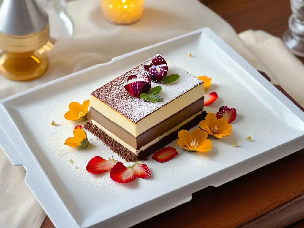 Una reinvención de postres clásicos en la era moderna: un exquisito postre contemporáneo con flores comestibles y lámina de oro