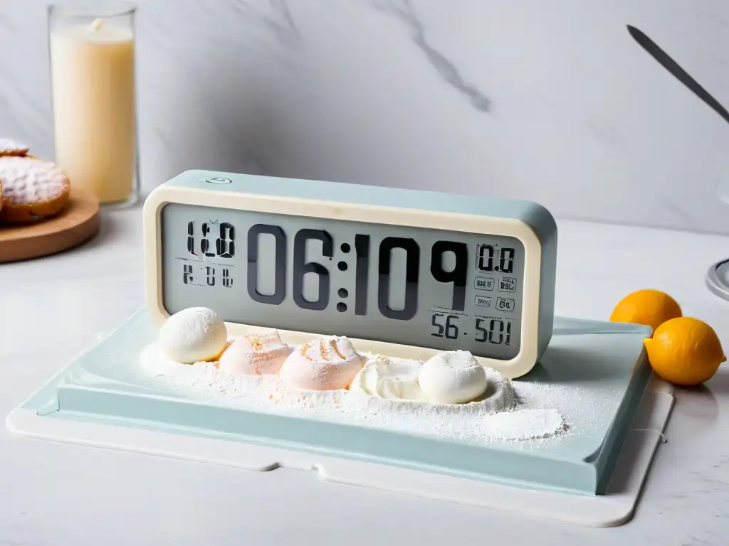 Un reloj digital minimalista con diseño elegante en tonos pasteles sobre una encimera de mármol, con utensilios de repostería