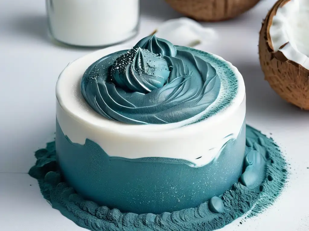 Remolino azul vibrante de espirulina en yogur de coco blanco, creando un contraste de colores hipnotizante