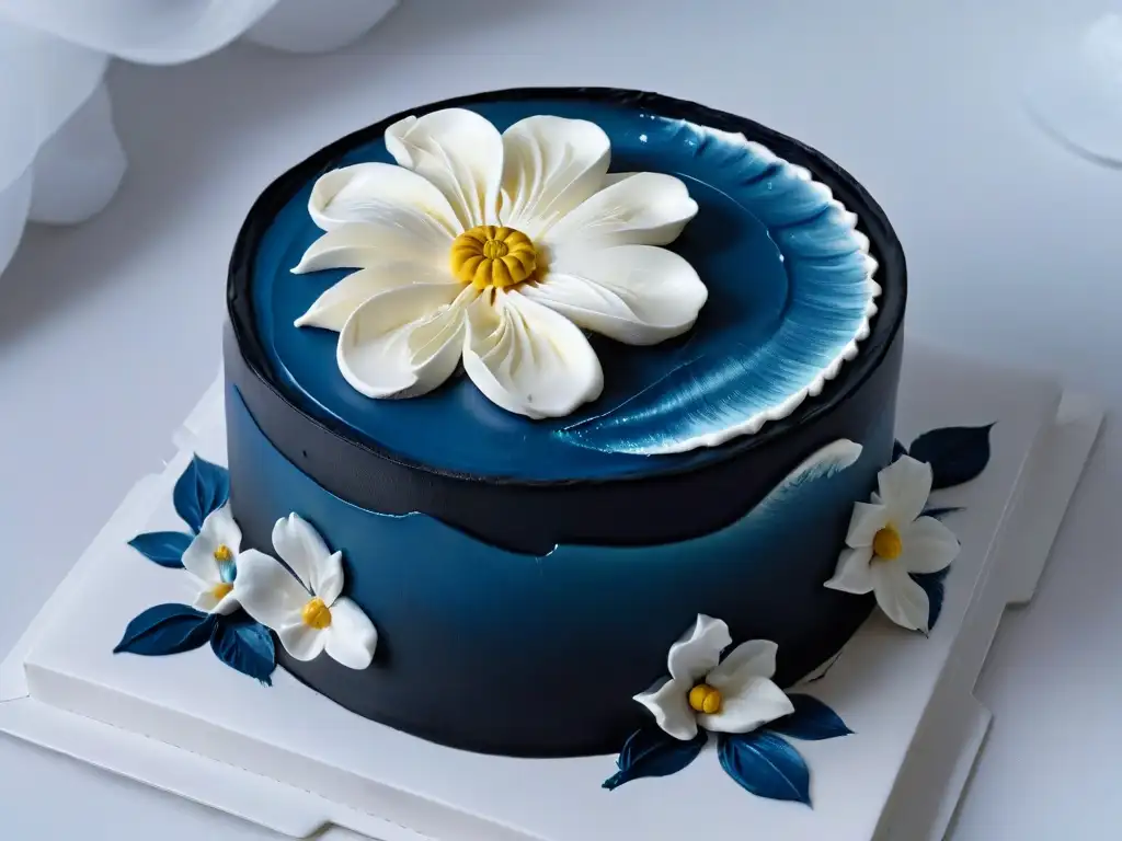 Un remolino perfectamente decorado en fondant negro, con una flor de azúcar artesanal, muestra las técnicas fundamentales repostería principiantes