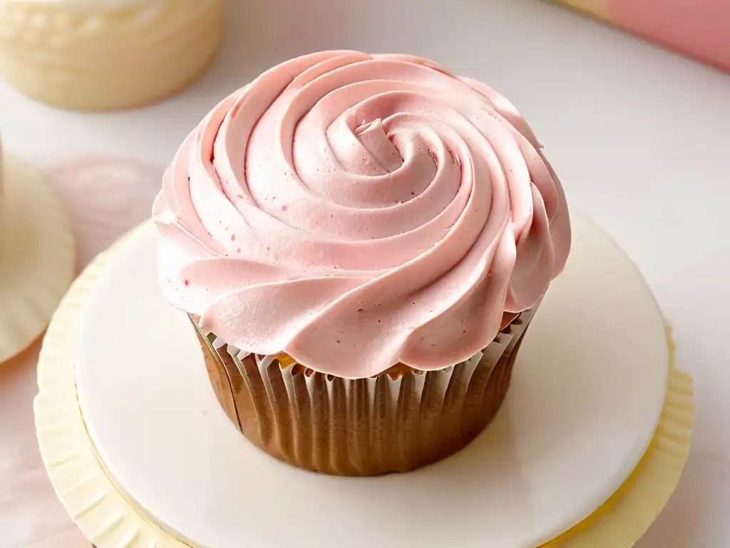 Un remolino delicado de frosting rosa sobre un cupcake, detalle exquisito