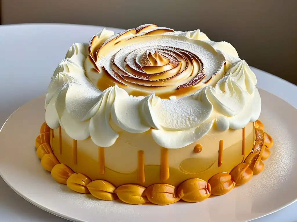 Delicioso suspiro de limeña con meringue blanco brillante Un remolino de merengue blanco sobre un suspiro de limeña con caramelo dorado