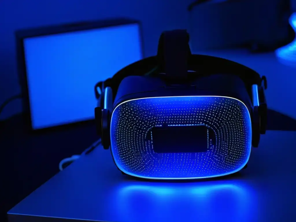 Inmersión en la repostería: headset con circuitos y luces azules simbolizando la fusión tecnología-arte culinario