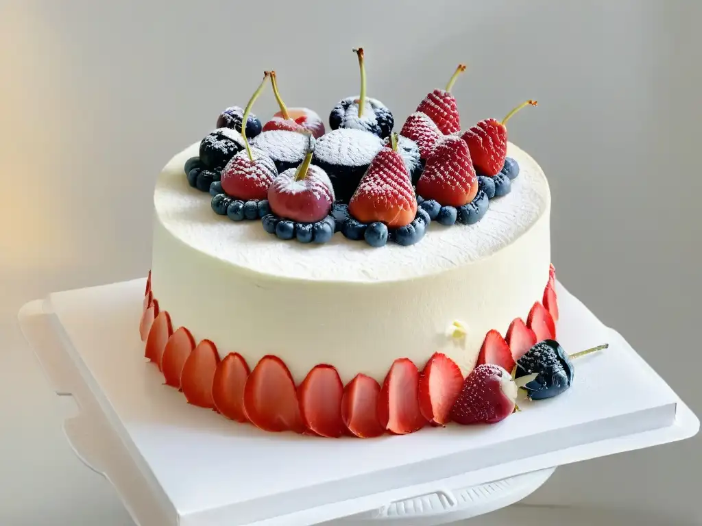 Repostería para diabéticos saludable: Elegante pastel sin azúcar con frutas frescas y decoraciones delicadas en soporte blanco