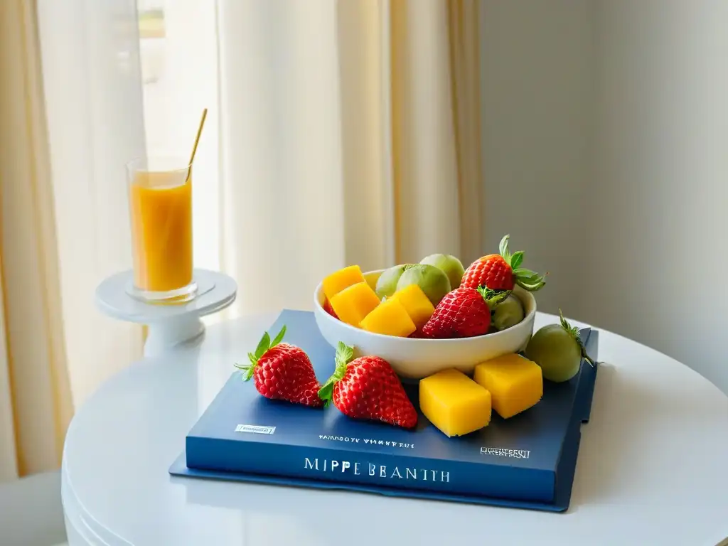 Un rincón de repostería saludable en casa, con frutas frescas y libros de cocina, perfecto para unas vacaciones de bienestar