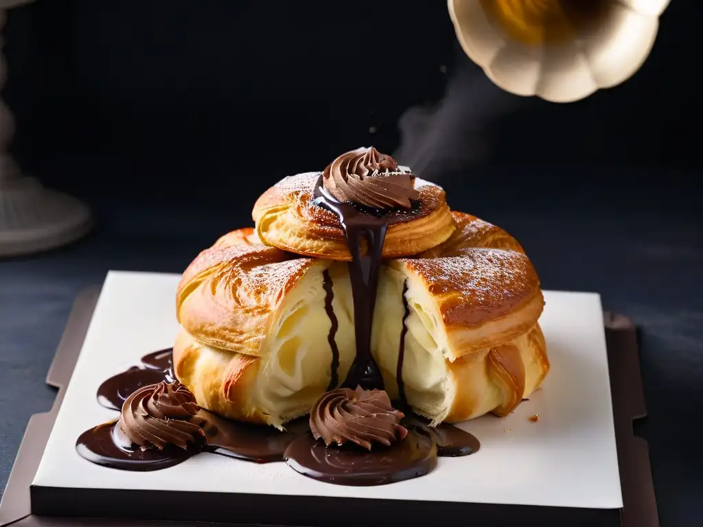 Fermentación en repostería tendencias globales: Croissant de chocolate dorado y esponjoso, vaporoso, sobre fondo negro mate