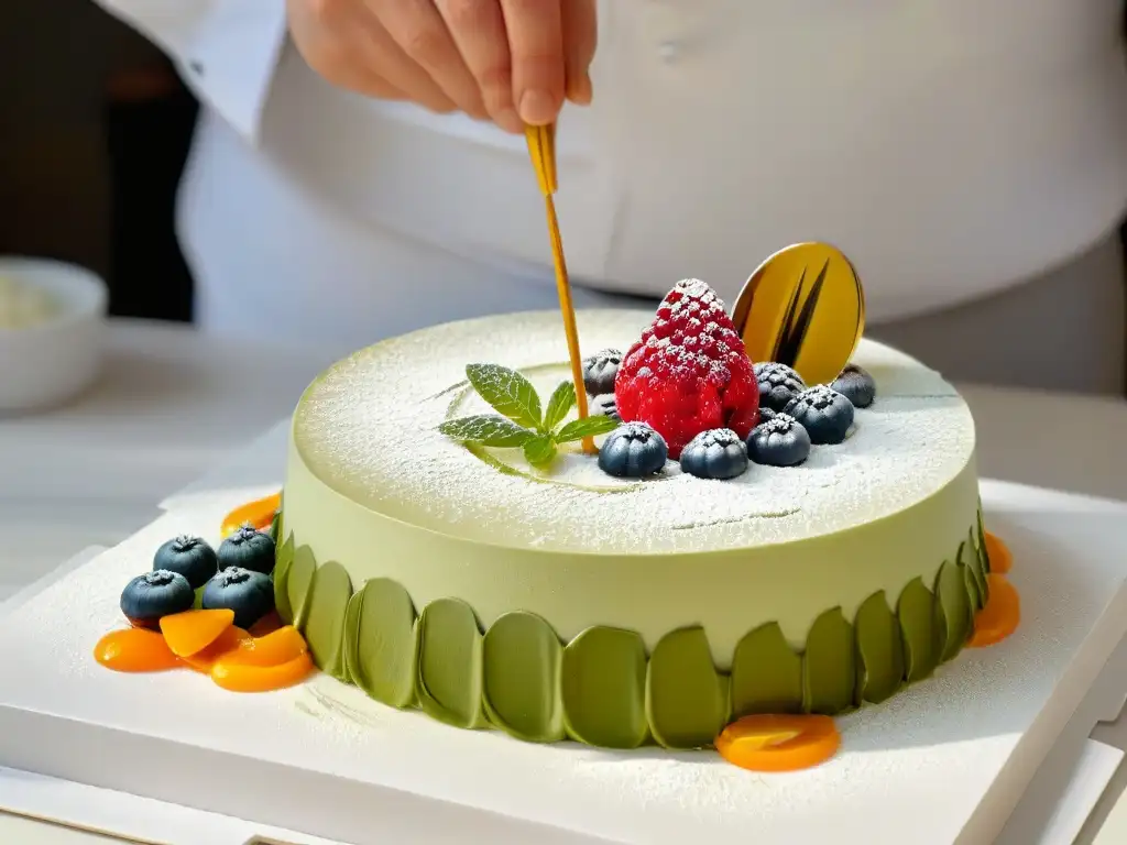 Creación de postre de ciencia y arte en cocina moderna Innovación en repostería: ciencia y tendencias se fusionan en una obra maestra multicolor elaborada con precisión en una cocina moderna