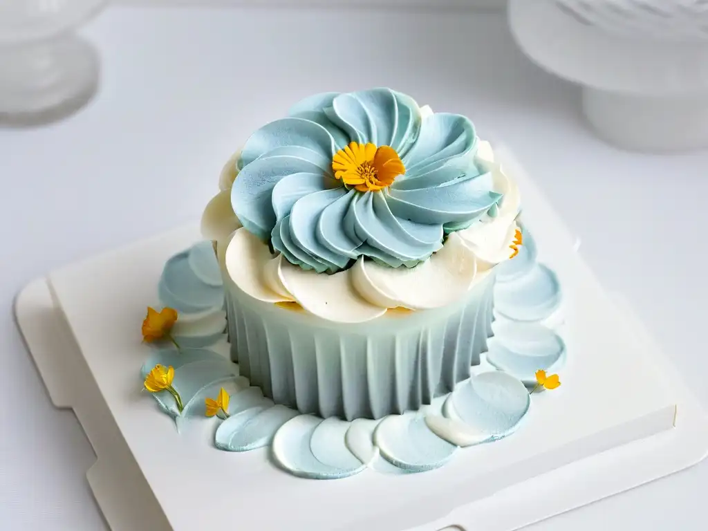 Repostería vegana con impresión 3D: Cupcake decorado con flores comestibles en un plato blanco, fondo degradado pastel