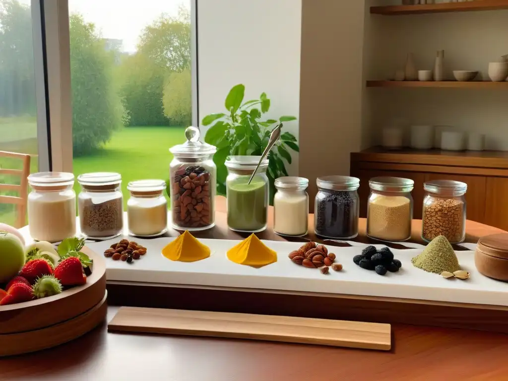 Repostería vegana y sostenibilidad: Cocina serena con ingredientes en frascos de vidrio y utensilios ecofriendly