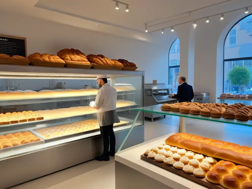 Reposterías sostenibles líderes globales: Un interior de panadería moderna y elegante, lleno de vida y conciencia ambiental