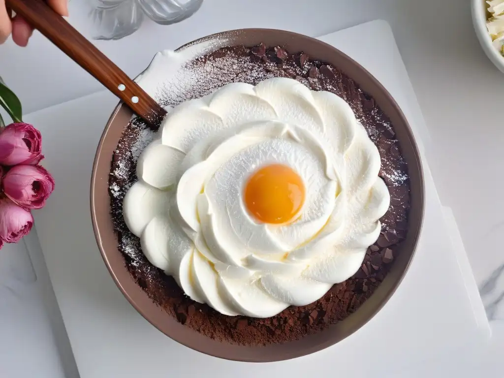 Un repostero hábil mezcla claras de huevo con masa de chocolate, decorando un Tronco Navidad paso a paso