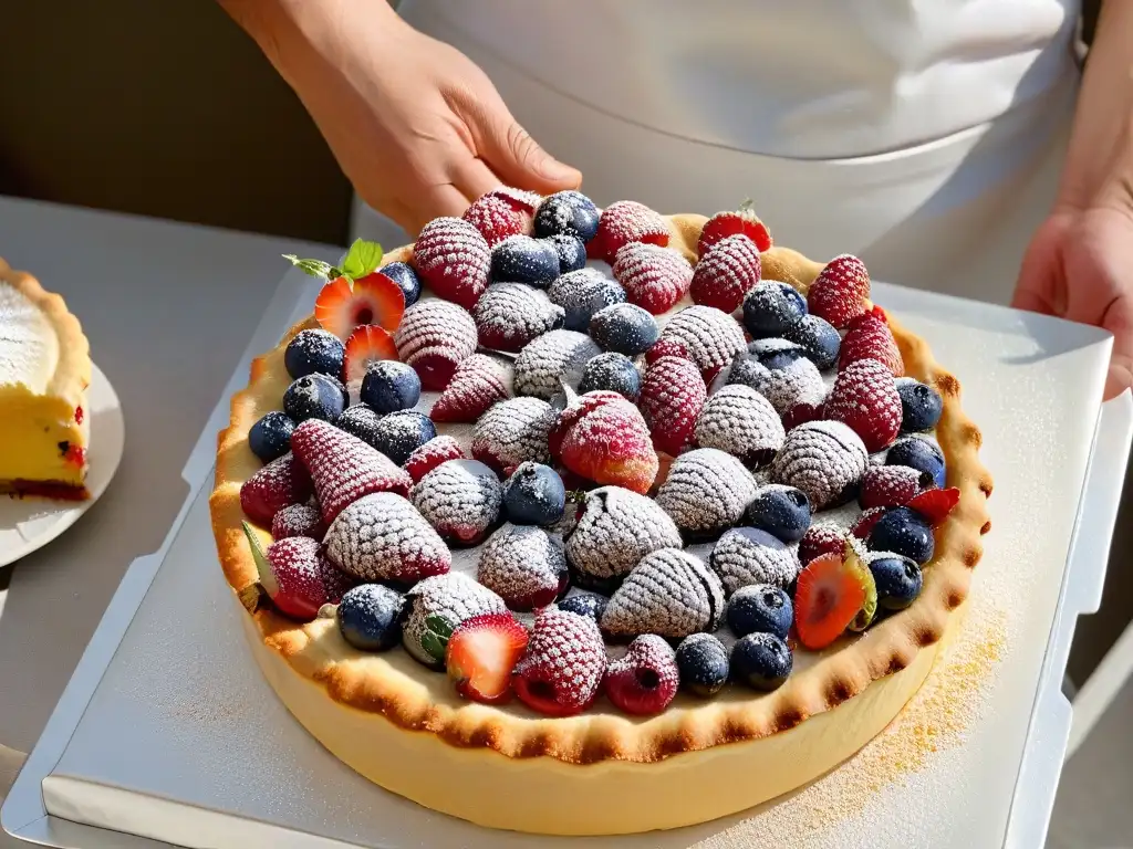 Un repostero arregla con cuidado bayas coloridas sobre un pastel recién horneado, transmitiendo calidad y ética en la repostería sostenible