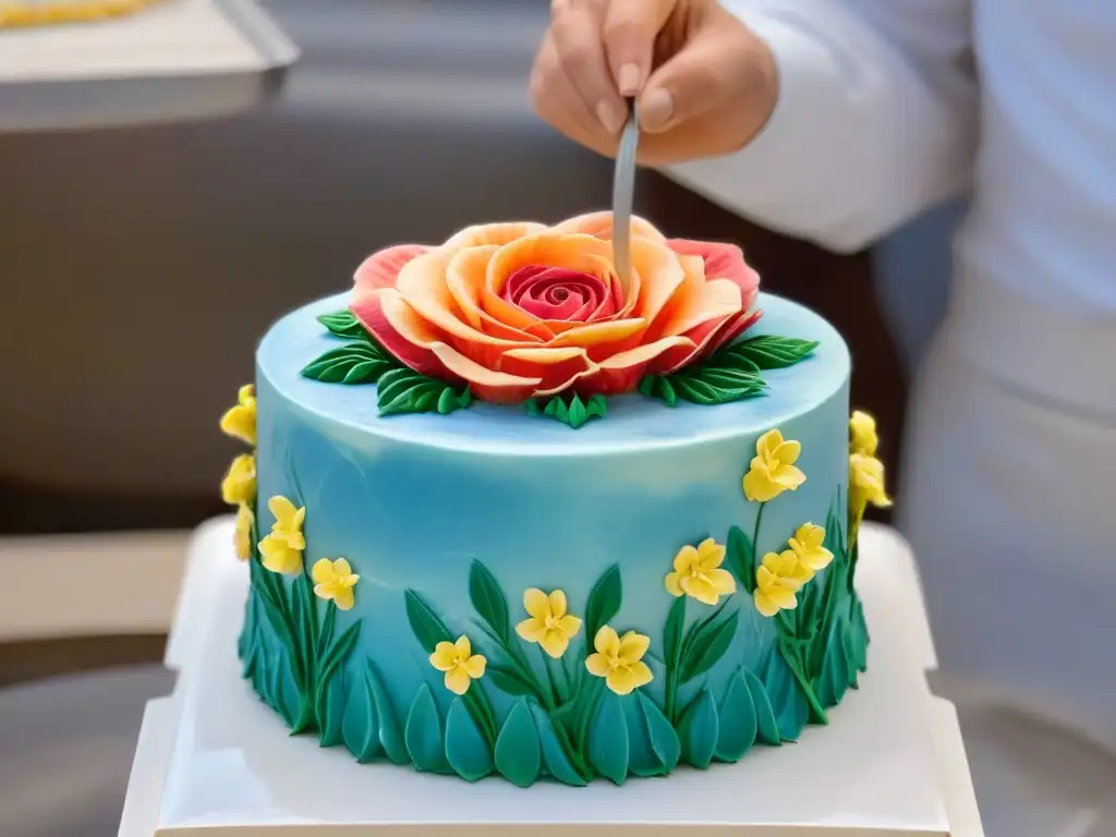 Un repostero crea decoraciones florales en un pastel usando prácticas sostenibles en repostería