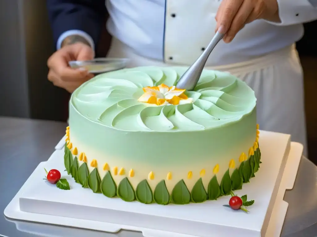 Un repostero detallista crea arte en un pastel, con precisión y destreza