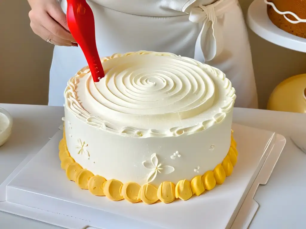 Un repostero con discapacidad visual decora una tarta con utensilios adaptados en una cocina minimalista