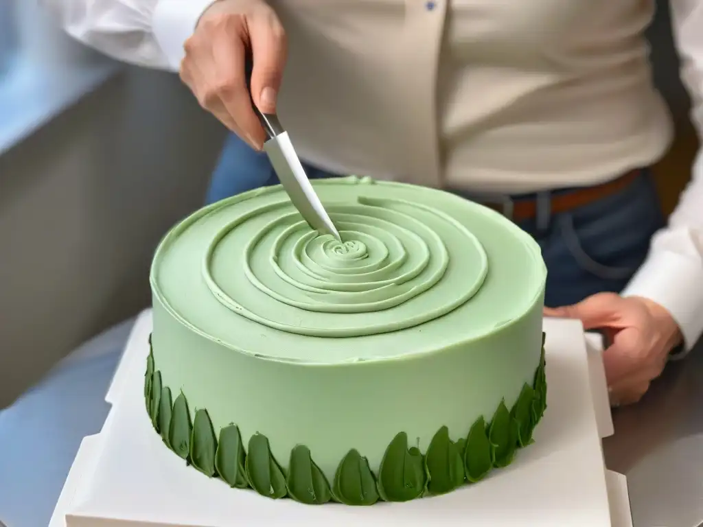 Un repostero con discapacidad visual usando utensilios adaptados para decorar una tarta con precisión y creatividad