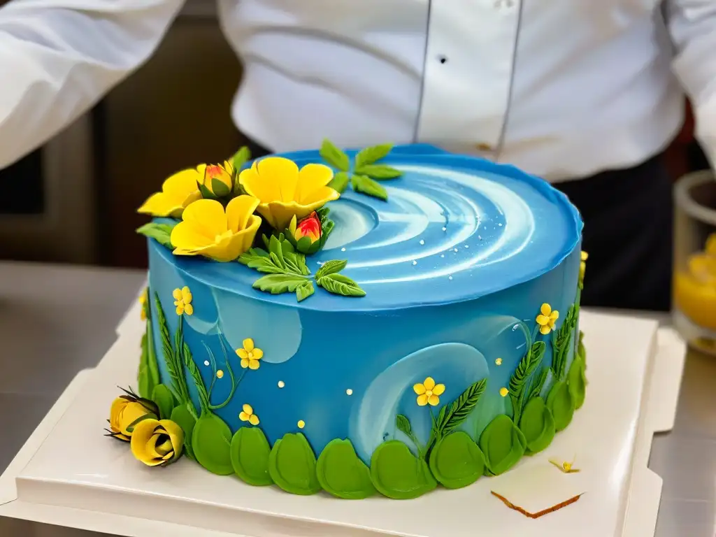 Un repostero creando diseños florales detallados en una tarta con precisión