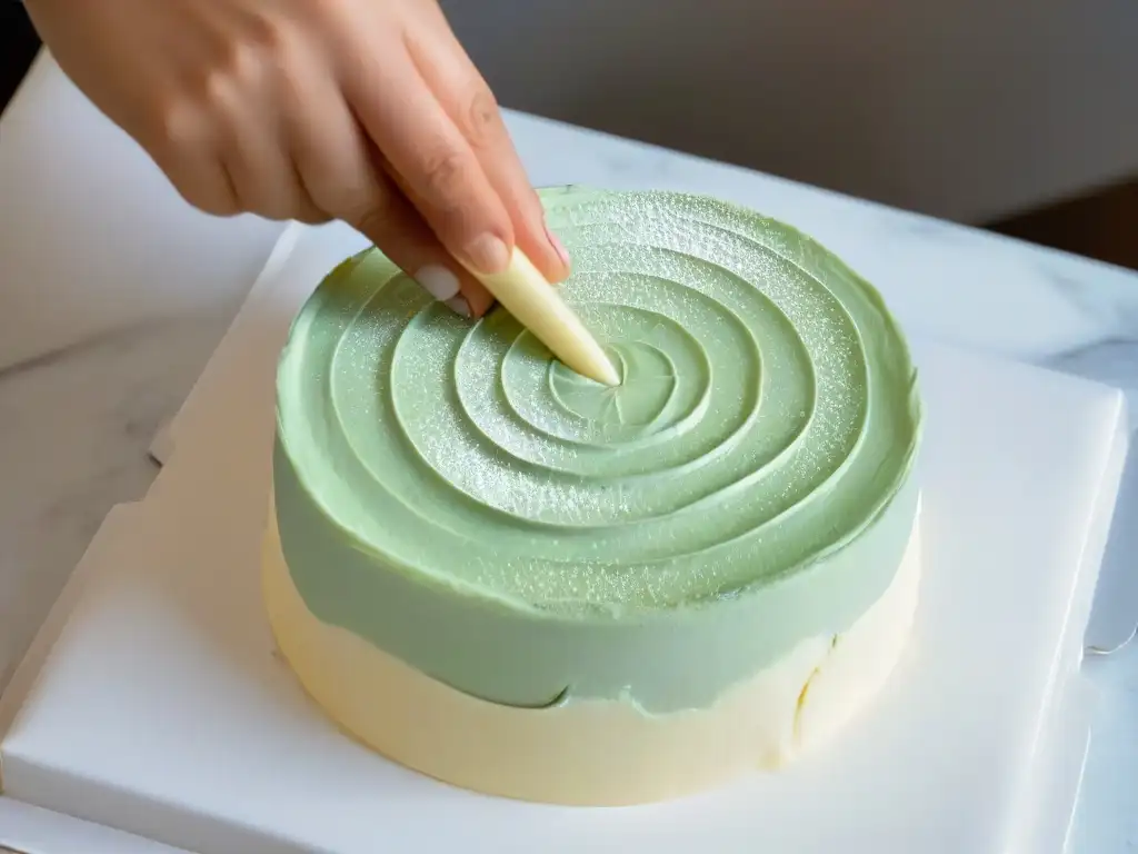 Un repostero experto decorando una delicia con precisión y arte en una mano