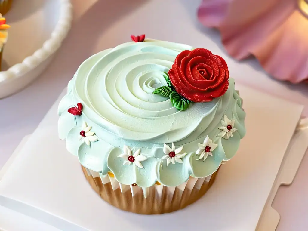 Un repostero experto decora un exquisito cupcake con detalle y precisión