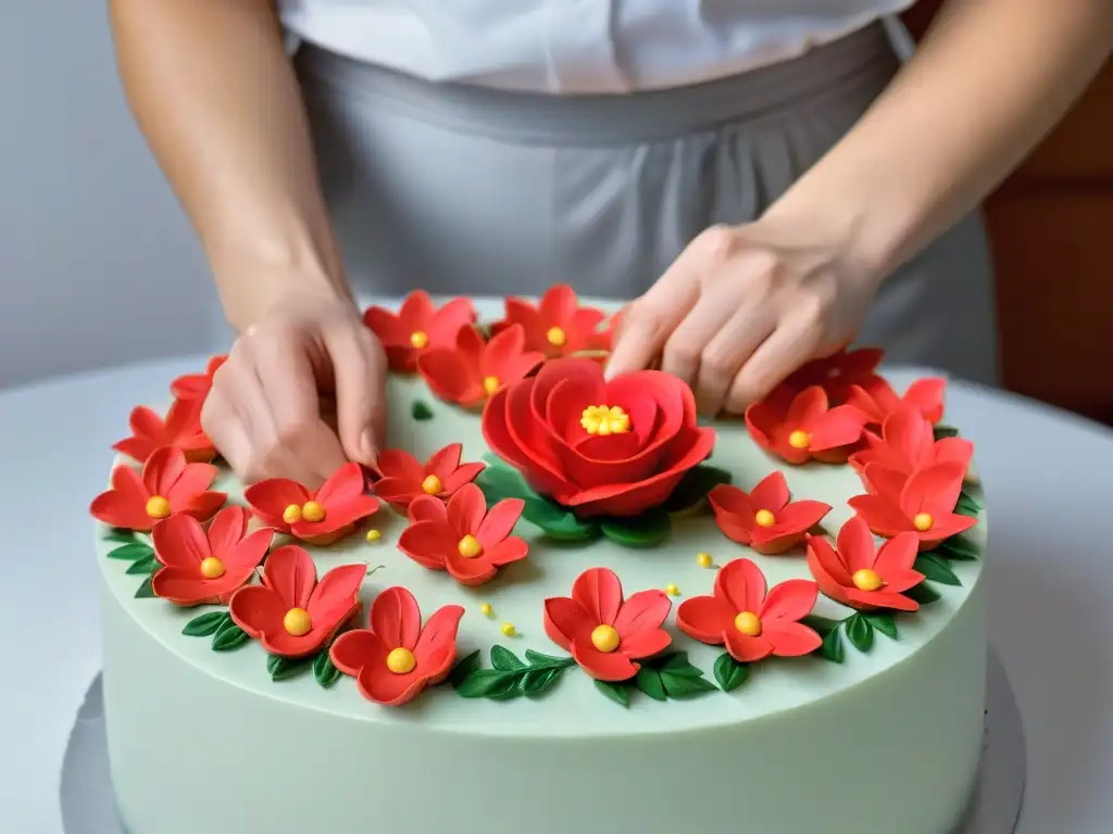 Un repostero experto moldea flores de fondant con destreza, destacando la precisión y arte en la decoración de pasteles