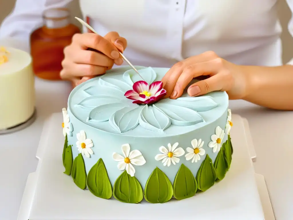 Un repostero experto moldea flores de azúcar con precisión en un pastel, destacando la importancia de la repostería educativa