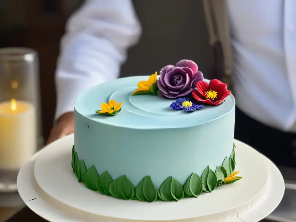 Un repostero experto decora un pastel con delicadas flores comestibles, reflejando profesionalismo y arte en la repostería